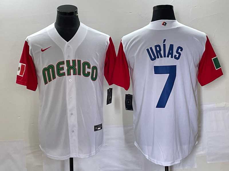 Men%27s Mexico Baseball #7 Julio Urias Number 2023 White Red World Classic Stitched Jersey6